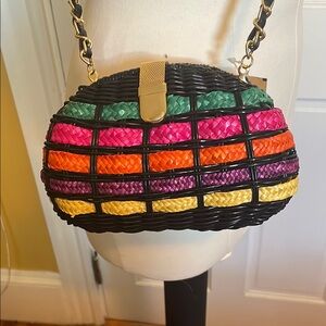 Green and Orange Striped Shoulder Bag with Chain Strap